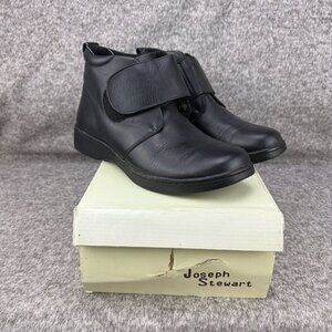 ✅Womens 8W Joseph Stewart VERMONT Black Leather Ankle Boots Hook N' Loop Lined